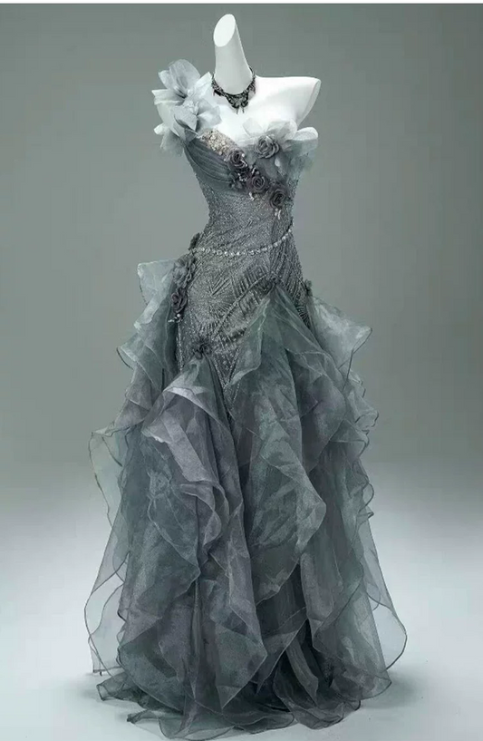 Vintage Gray Ruffled Organza One-Shoulder 3D Floral Beaded Prom Dress TP5867