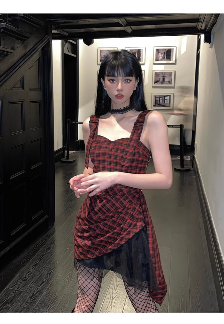 New Fashion Design Sense Red & Black Plaid Spaghetti Strap Dress TP2922