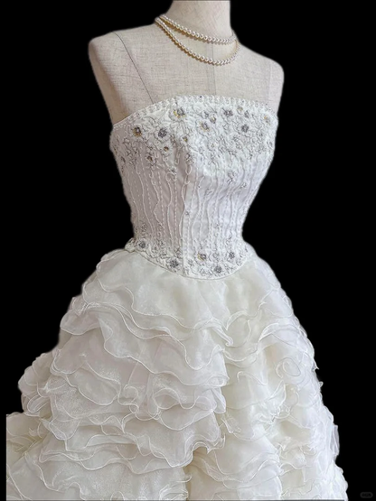 Vintage Ivory Strapless Ruffled Tulle Beaded A-Line Wedding Dress TP5492