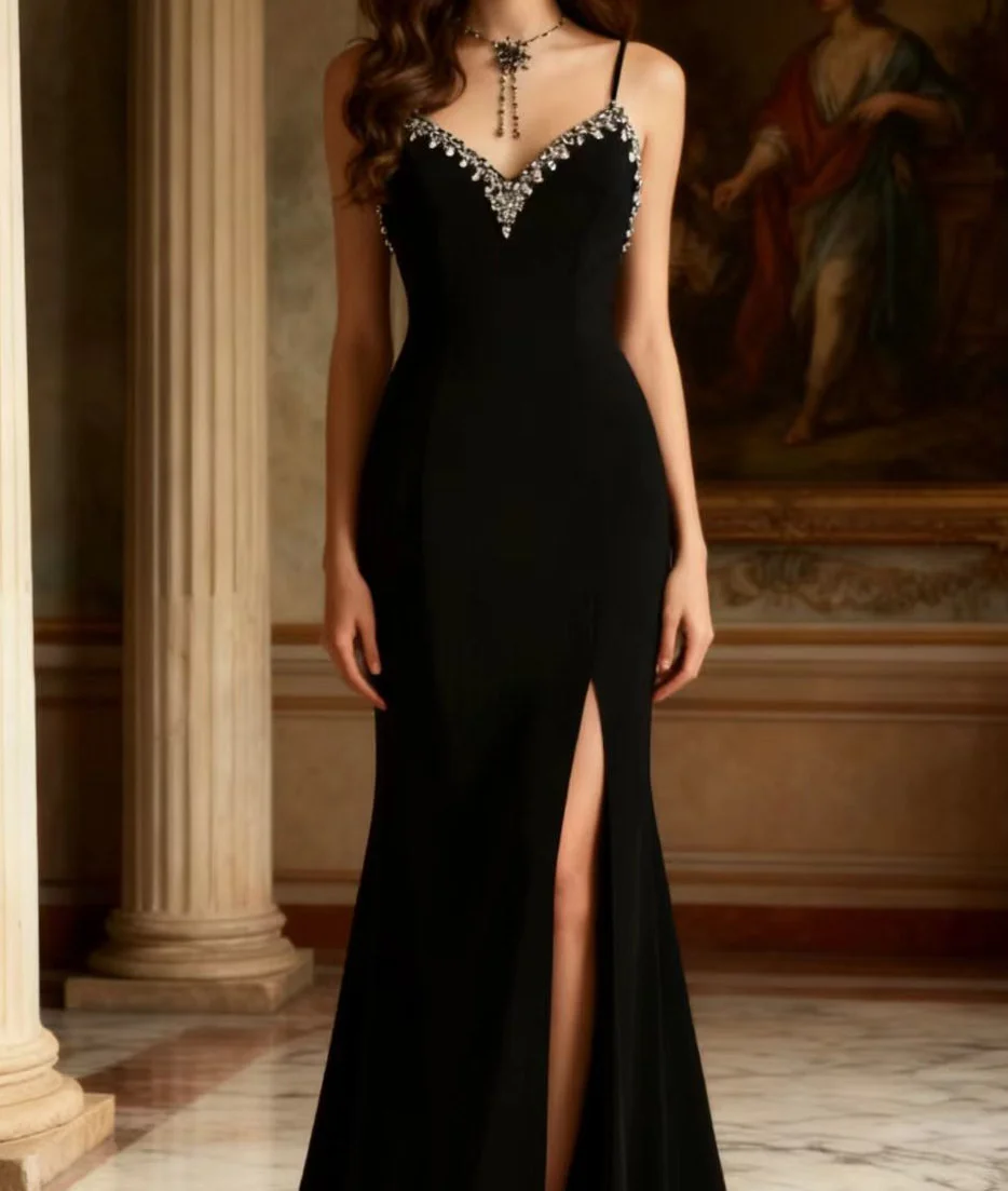 Vintage Black Mermaid Spaghetti Strap Evening Gown Beaded Sweetheart Prom Dress TP5646