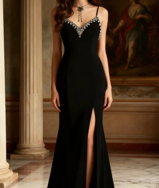 Vintage Black Mermaid Spaghetti Strap Evening Gown Beaded Sweetheart Prom Dress TP5646