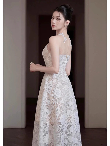 Vintage White Lace Applique Prom Dress Sheath Evening Dress Long Formal Dress TP4631
