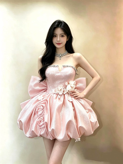 Vintage Pink Glitter Strapless 3D Floral Big Bow Beaded A-Line Homecoming Dress TP6136
