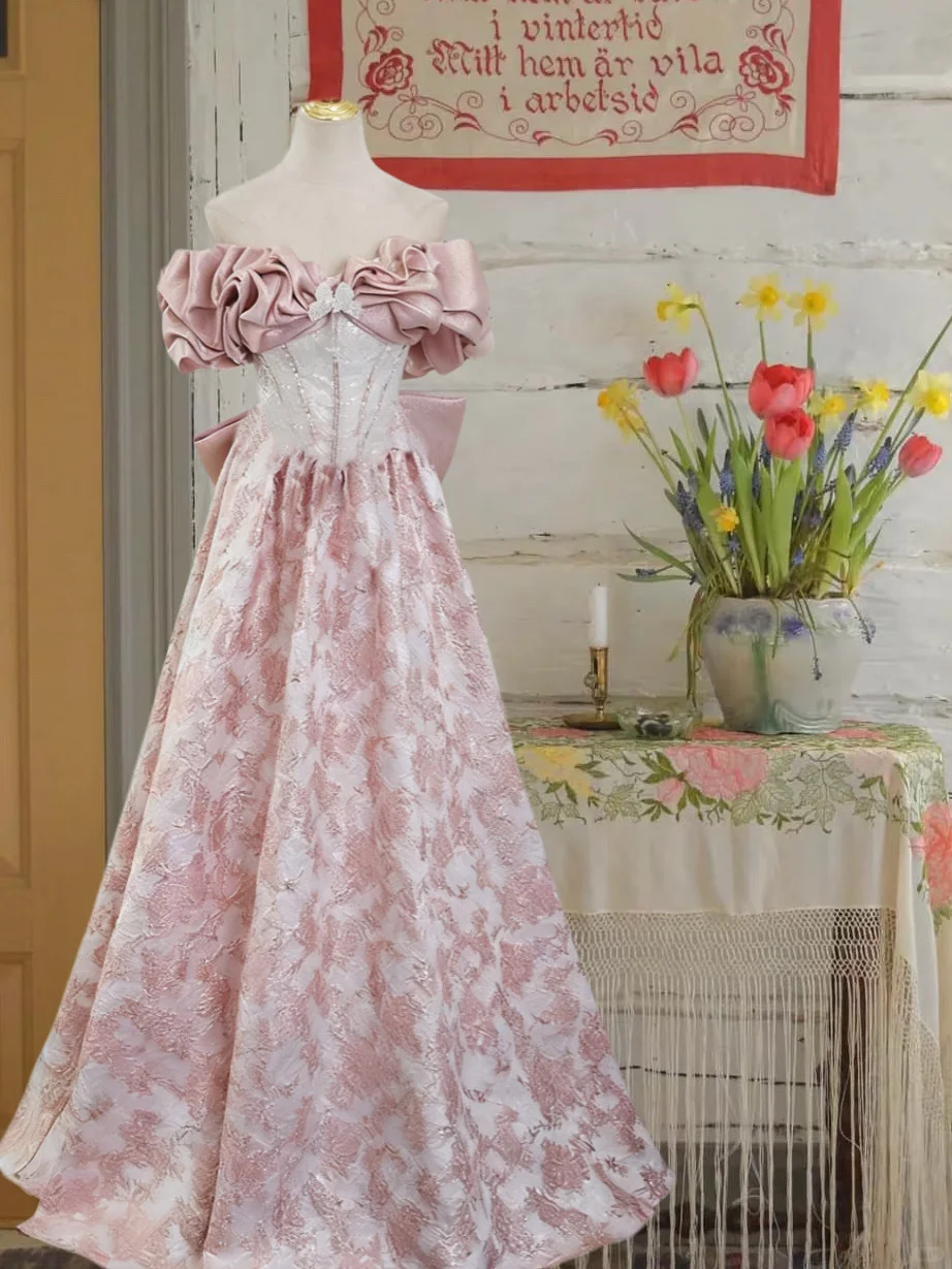 Vintage Pink Off-the-shoulder Prom Applique Beaded Evening Gown A-Line Party Dress Floor Length Formal Dress TP4894