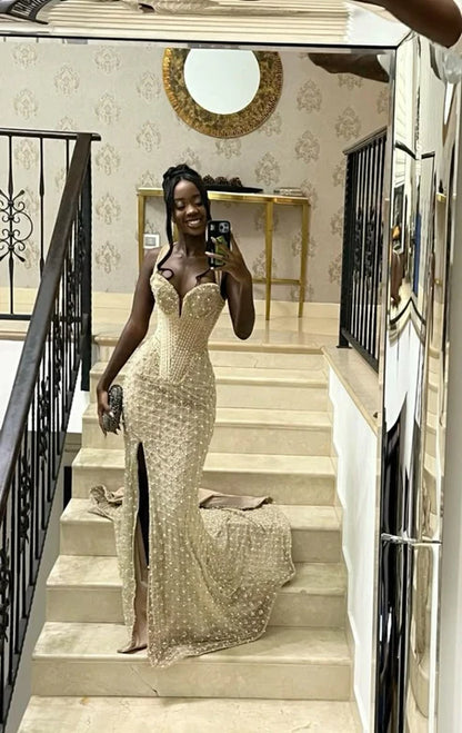 Glamorous Champagne Beaded Sweetheart Sheath High Slit Evening Gown TP5434