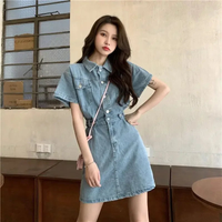 Simple Casual Short Sleeve Button-front Denim Dress TP2823