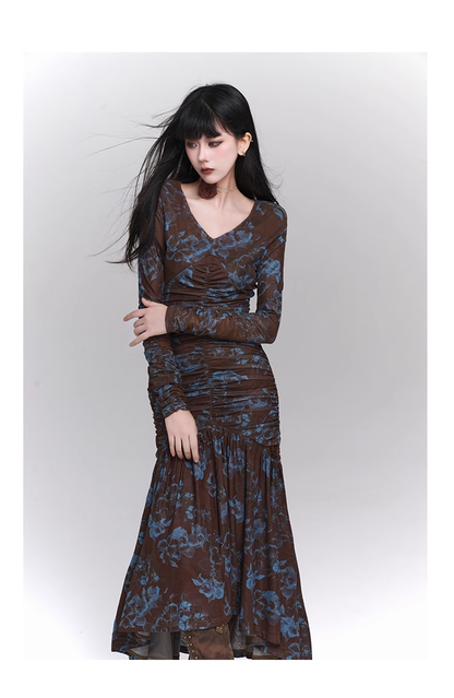 New Fashion Design Floral Pattern Women Long-sleeved Dress TP2946