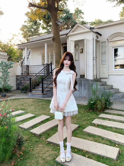 Vintage White 3D Floral Lace Sleeveless Shoulder Bow A-Line Homecoming Dress TP6067