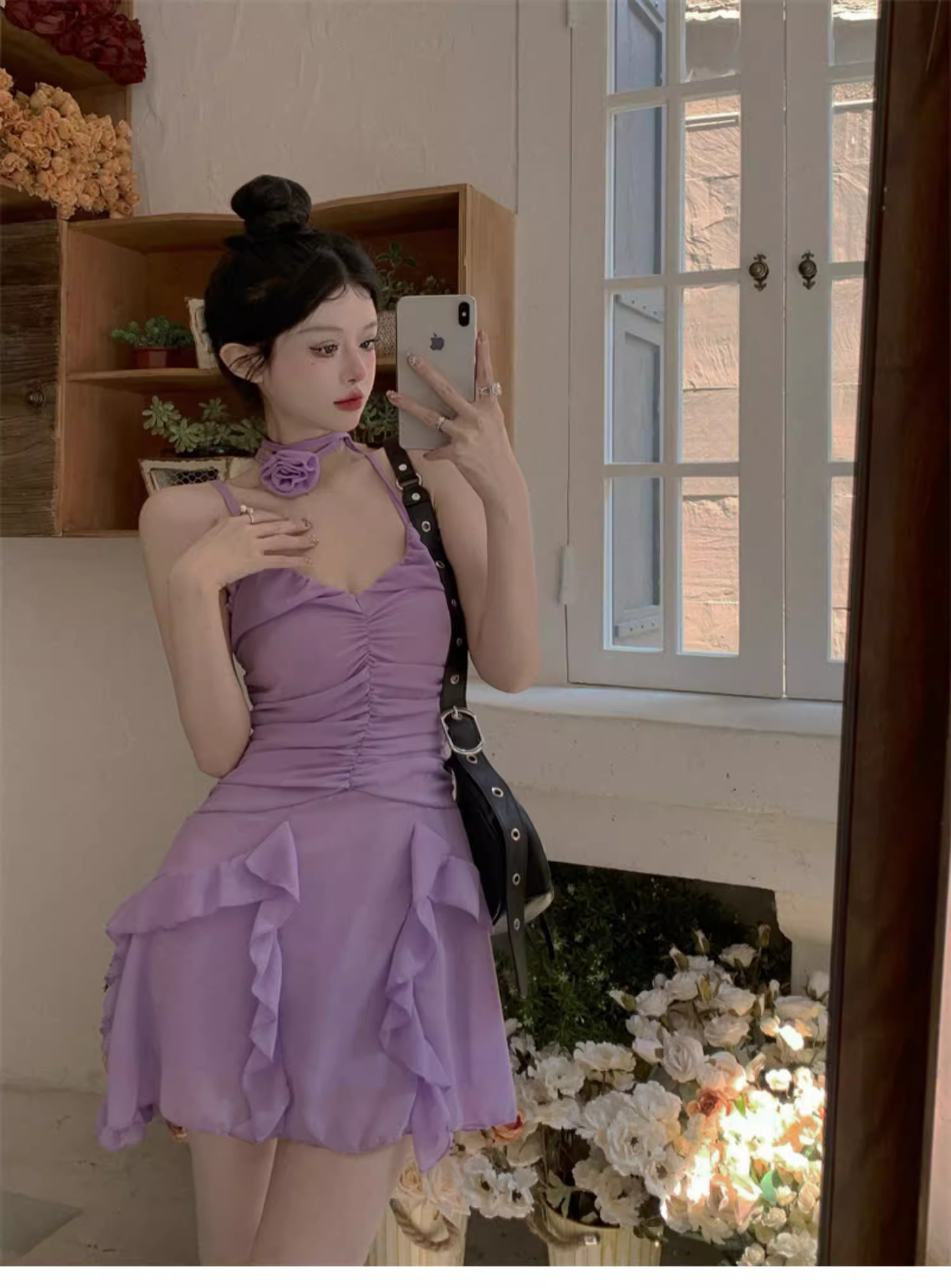 Sweet V-neck Irregular Ruffled Hem Design A-line Spaghetti Strap Dress TP3574