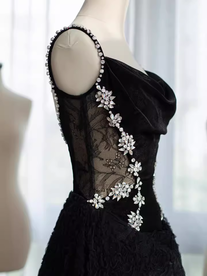 Glamorous Black Lace & Velvet Rhinestone Floral Spaghetti Strap Cowl Neck Evening Gown TP5289