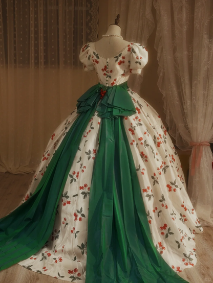 Cute Cherry Print Puff-Sleeve Green Back Bow Train Sweet 15 Quinceanera Ball Gown TP5509