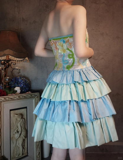 Retro Colorful Strapless Floral Design A-line Short Tiered Homecoming Dress TP4020