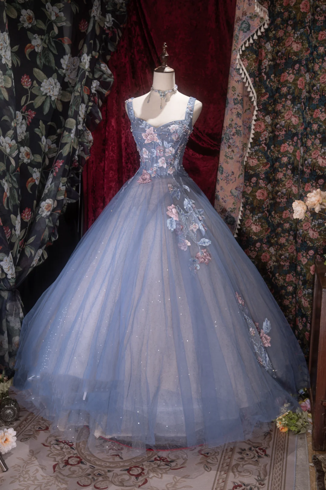 Gorgeous Dusty Blue Sparkly Tulle Sweetheart Neck 3D Floral Appliques Ball Gown TP5794