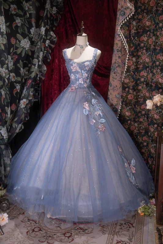 Gorgeous Dusty Blue Sparkly Tulle Sweetheart Neck 3D Floral Appliques Ball Gown TP5794