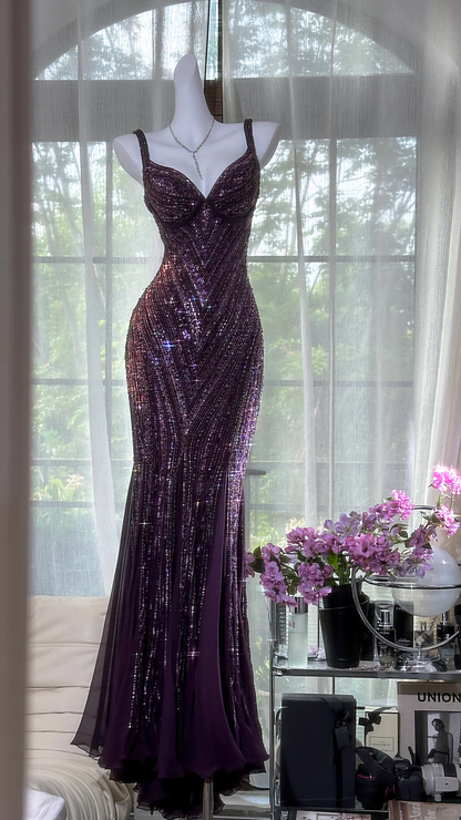 Gorgeous Purple Beaded Sequin V-neck Mermaid Elegant Chiffon Evening Dress Prom Dresses TP4144