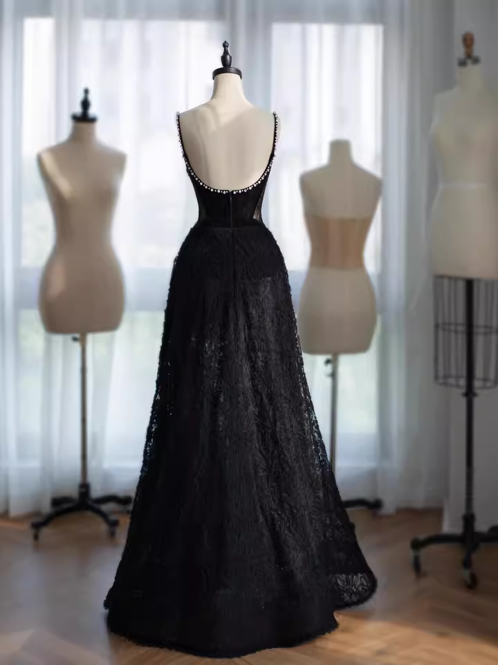 Glamorous Black Lace & Velvet Rhinestone Floral Spaghetti Strap Cowl Neck Evening Gown TP5289