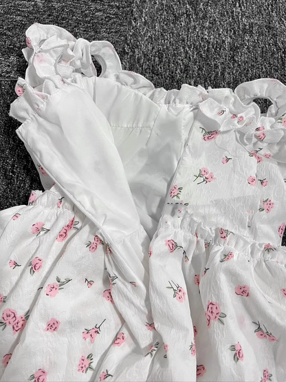 New Fashion Pink Floral Design A-line Sleeveless Spaghetti Strap Tiered Dress TP3291