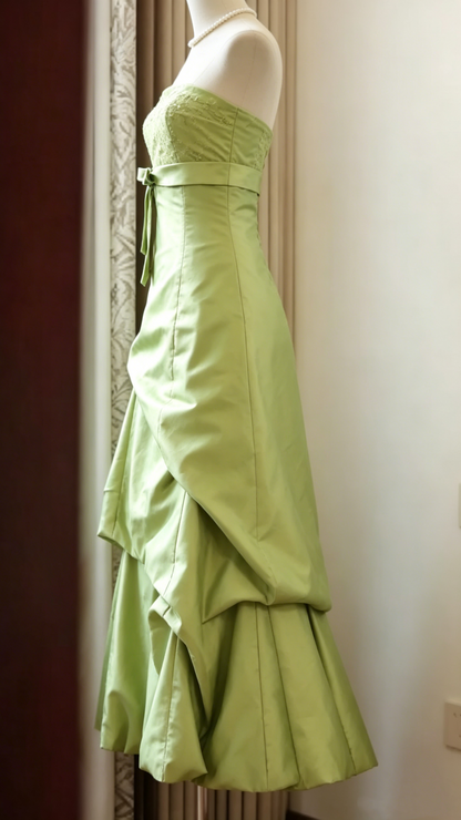 Vintage Olive Green Strapless Lace Bodice Draped Satin Prom Dress TP5839