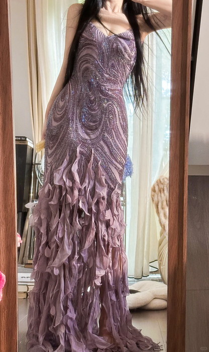 Vintage Purple Sparkling Strapless Design Elegant Chiffon Evening Dress Prom Dresses TP3988