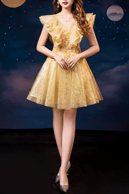 Elegant Golden Ruffle V‑Neck Tulle 3D Floral Appliques A-Line Homecoming Dress TP6103