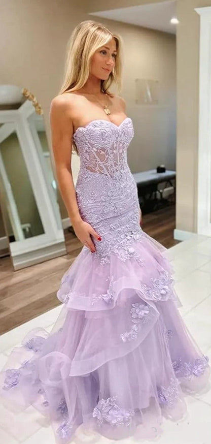 Glamorous Lavender Strapless 3D Floral Mermaid Prom Dress Evening Gown TP5729