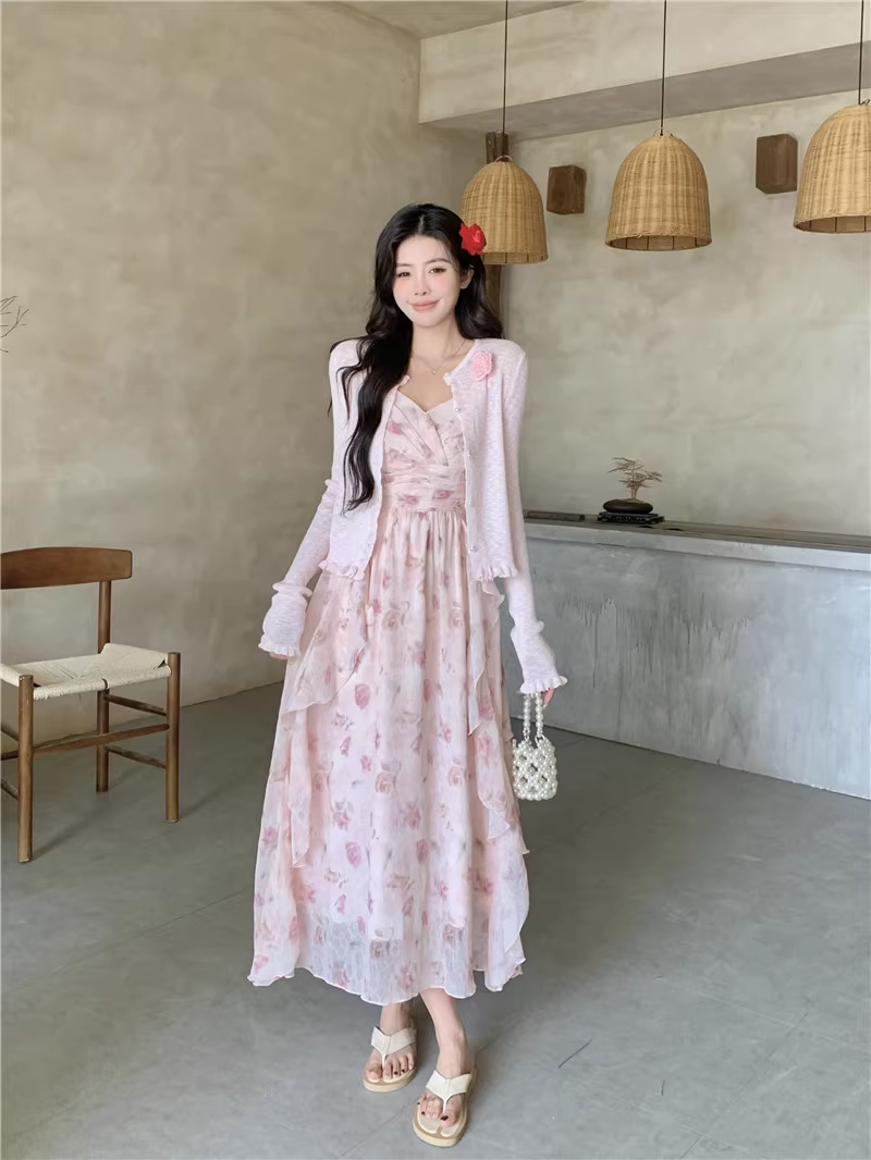 New Fashion Elegant Floral Chiffon Spaghetti Strap Dress TP2991