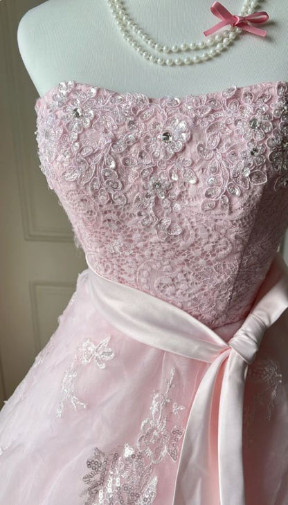 Vintage Pink Strapless Tiered Bow Sparkly Lace  Sweet 15 Quinceanera Ball Gown TP5756