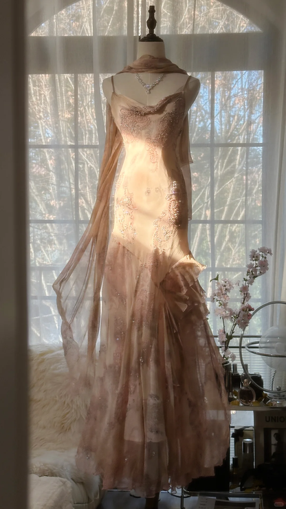 Vintage Champagne Sparkling Elegant Beaded Gorgeous Chiffon Evening Dress Prom Dress TP3977