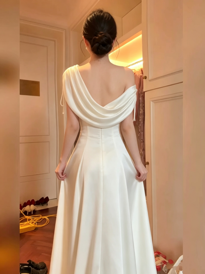 Vintage White Satin Draped One-Shoulder A-Line Evening Gown TP6077