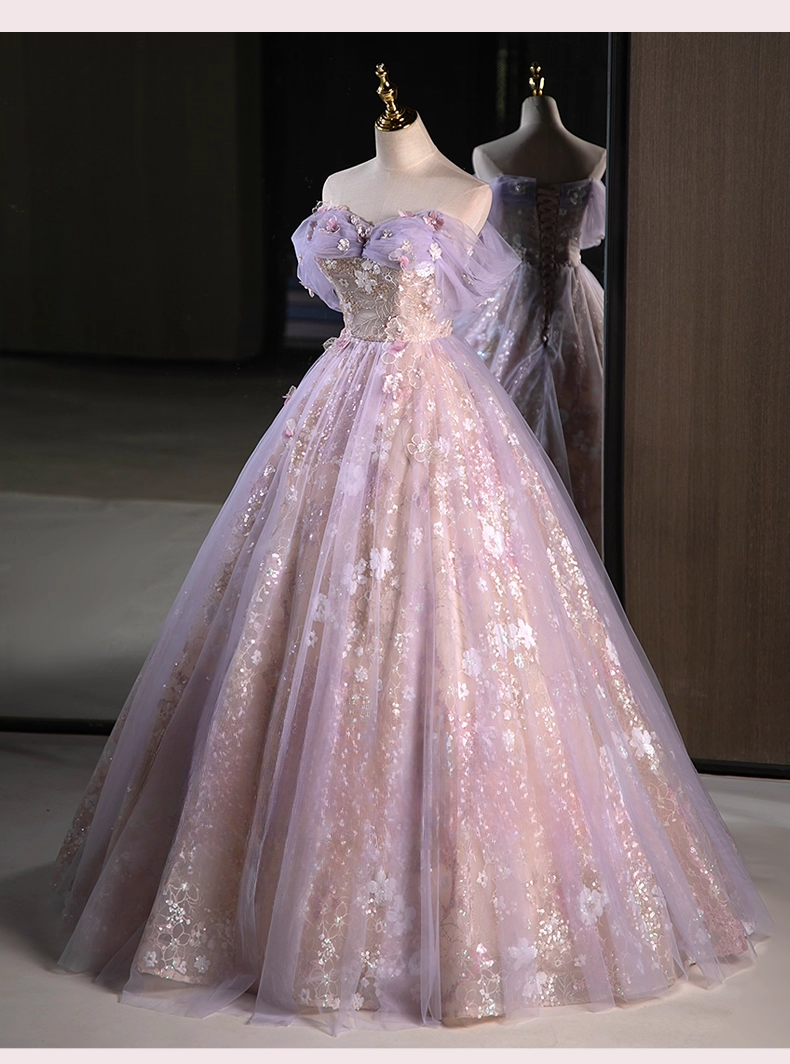 Elegant Lilac Applique Sweet 16 Sweetheart off-the shoulder A-Line Tulle Quinceanera Ball Gown TP5201