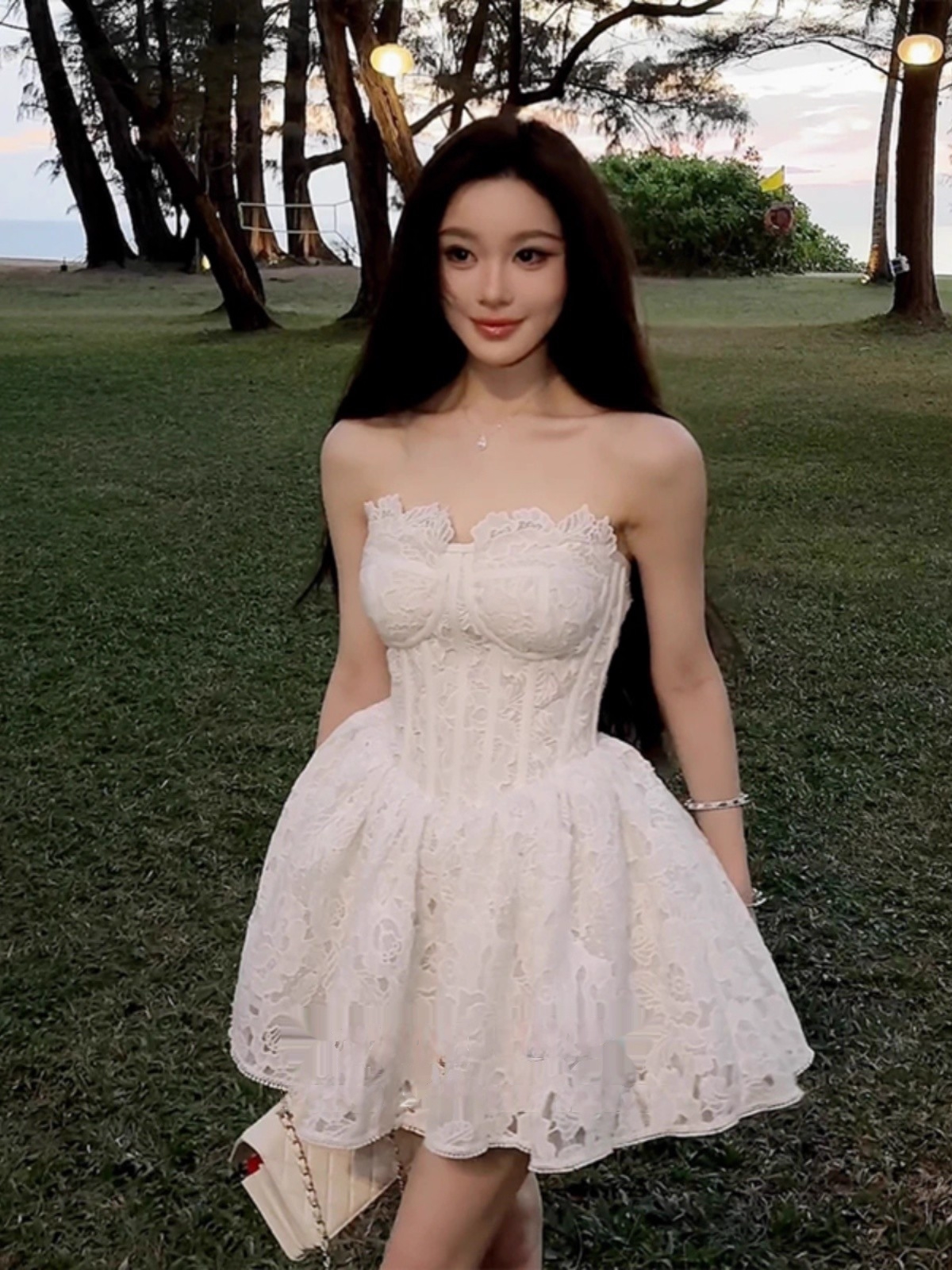 Vintage White Lace Strapless A-Line Homecoming Dress Party Dress Cocktail Dress TP4718