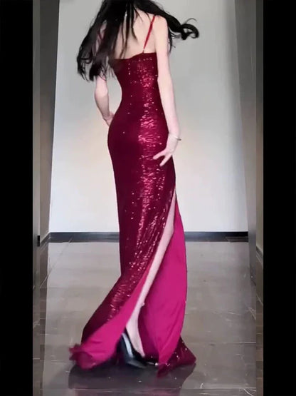 Glamorous Fuchsia Sequin V-Neck Sheath High Slit Evening Gown TP5442