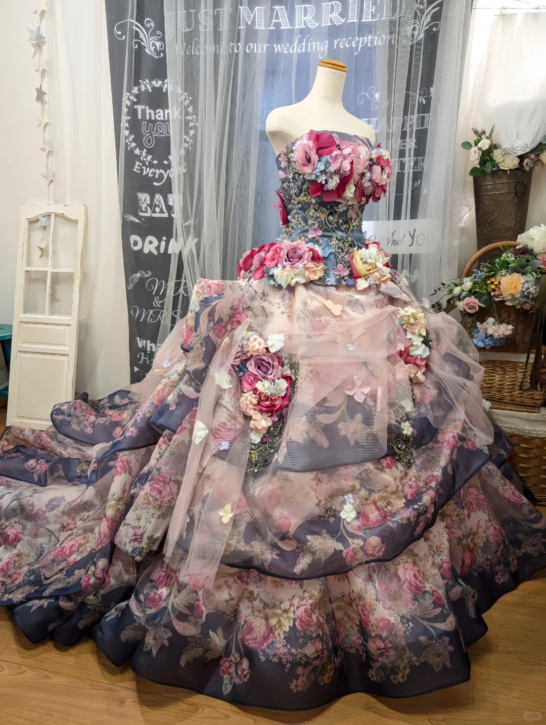 Glamorous Floral Strapless 3D Flower Tulle Sweet 15 Quinceanera Ball Gown TP5497