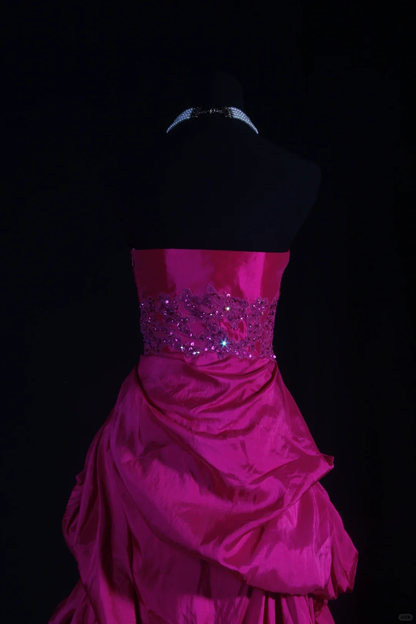 Vintage Fuchsia Strapless Satin Beaded 3D Rose Ruffled Evening Gown TP5417