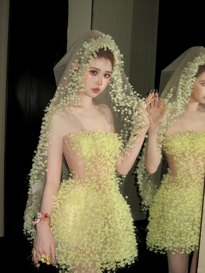 Fashion Yellow Sequined Strapless A-Line Veil Design Tulle Party Dress Homecoming Dress TP4237