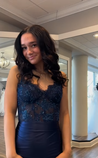 Navy Blue Mermaid Spaghetti Strap Lace Satin High Split Long Prom Dresses TP1698