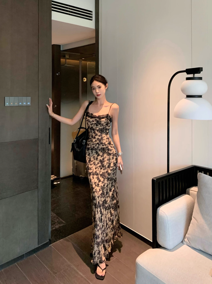 Simple Fashion Beige Floral Design A-line Beach Holiday Spaghetti Strap Dress TP3615