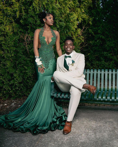 Vintage Dark Green Glittering Beaded Prom Dress Halter-neck Evening Gown Mermaid Party Dress Long Formal Dress TP4859