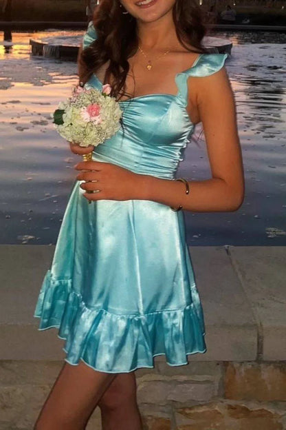 Cute Tiffany Blue Shiny Satin Ruffle Strap A-Line Homecoming Dress TP6013