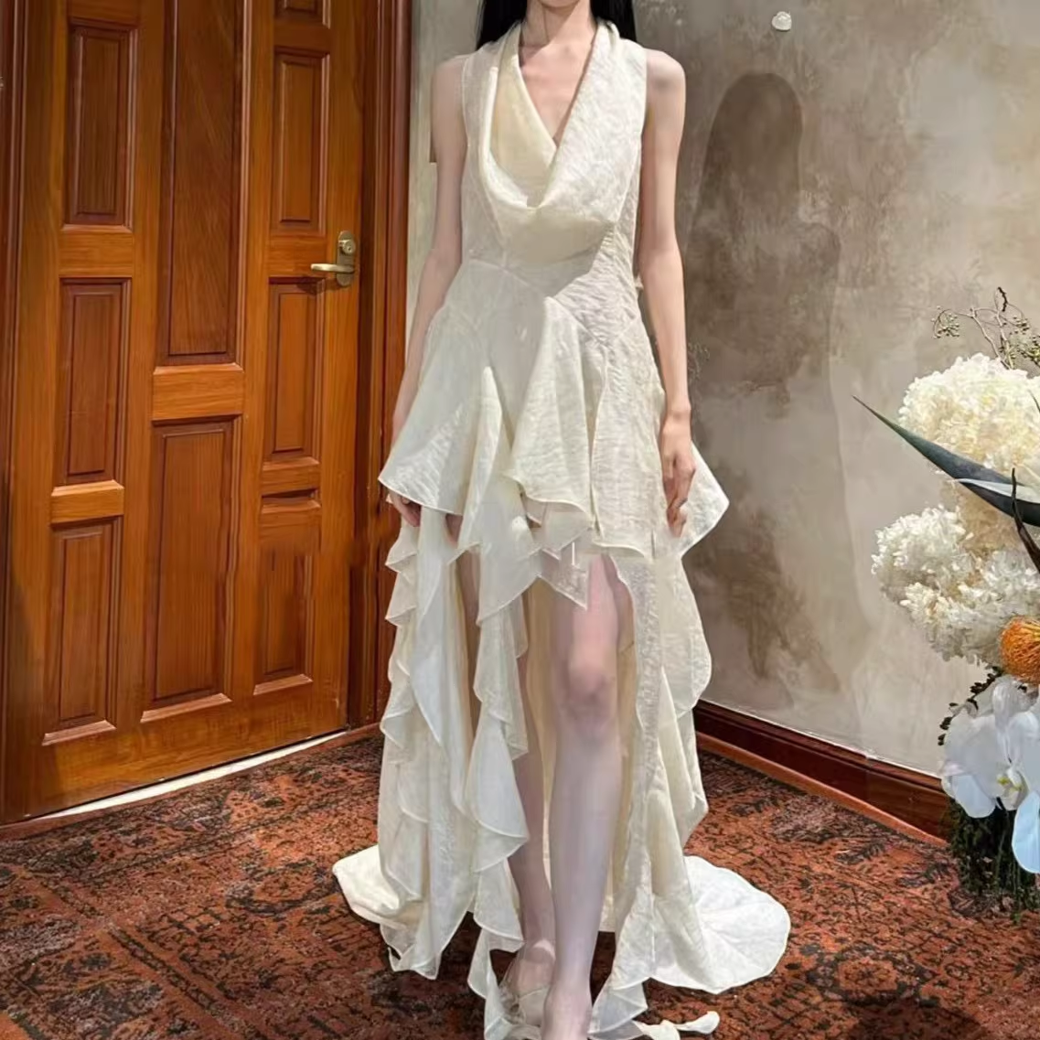 Romantic Halter Neck Draped Asymmetrical Ruffled Prom Dress TP5706
