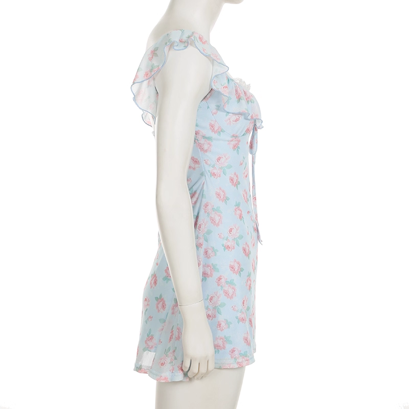 Cute Light Blue Floral Square-neck A-Line Short Summer Dresses Party Dress Homecoming Dress TP4341