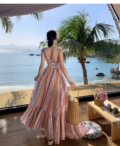 New Rainbow Stripe Design Beach Holiday Casual Halter Dress TP3012