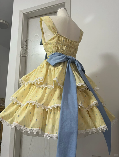 Cute Yellow Floral Lace Hem Design Tiered Party Dress Homecoming Dress TP4241