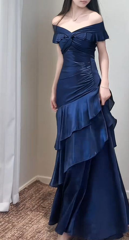 Vintage Navy Blue Off-the-Shoulder Satin Mermaid Prom Dress Ruffled Tiered Evening Gown TP5806