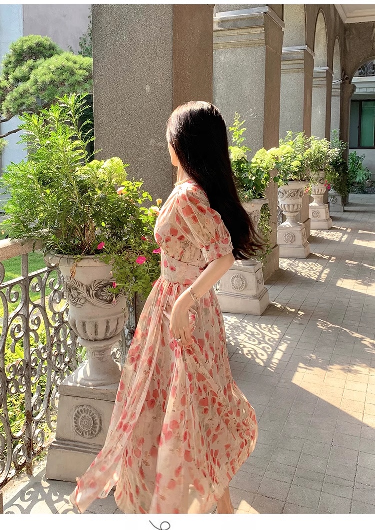 New Fashion Pink Floral Design Short Sleeves V-neck A-Line Women Long Dress TP3046