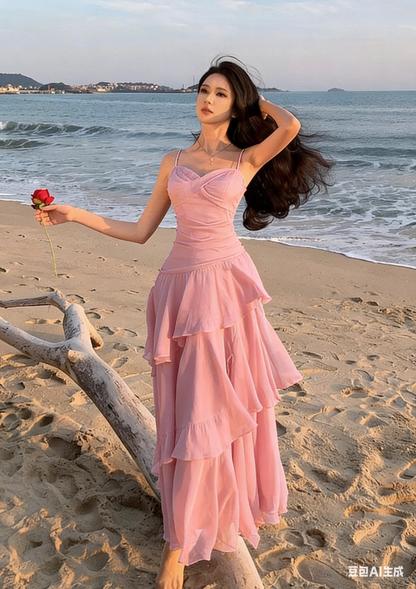 Vintage Sweetheart A-Line Evening Gown Spaghetti Strap Chiffon Tiered Prom Dress TP5144