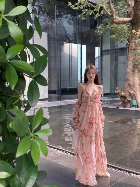 Fashion Pink Off-the-shoulder Design A-line Floral Dress TP3427