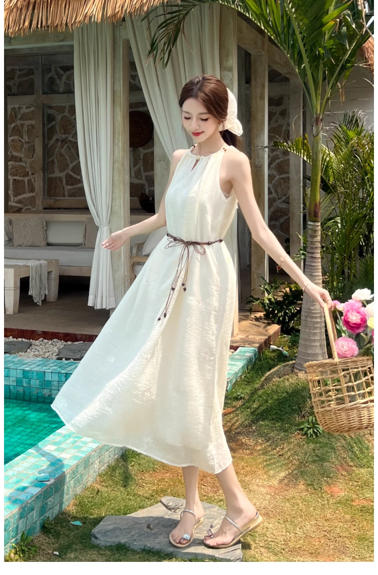 Simple Fashion White Sleeveless Design Beach Holiday A-line with Belt Jacquard Halter Dress TP3379