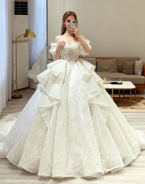 Elegant Off-the-Shoulder Puff Sleeve Sparkling Sequin Lace Ruffled Layered A-Line Wedding Dress TP5956