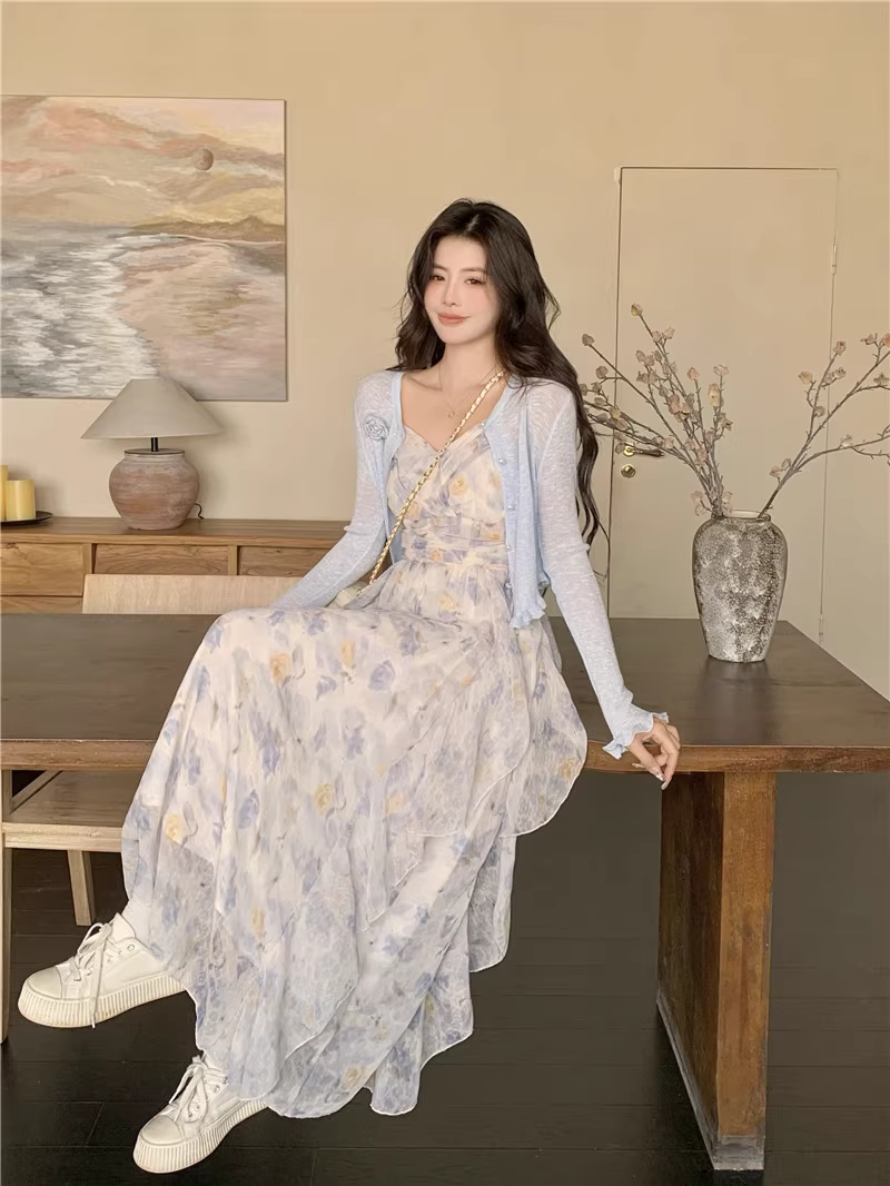 New Fashion Elegant Floral Chiffon Spaghetti Strap Dress TP2991